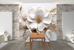 T1001 Wallpaper 3D Flowers white and gold