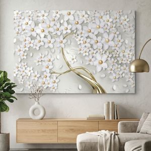 9266 Abstract Tree – White Floral Wall Art with Golden Accents