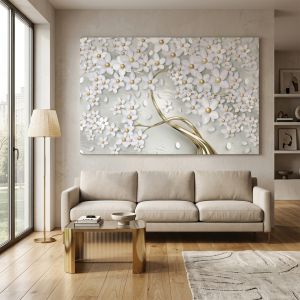 9266 Abstract Tree – White Floral Wall Art with Golden Accents